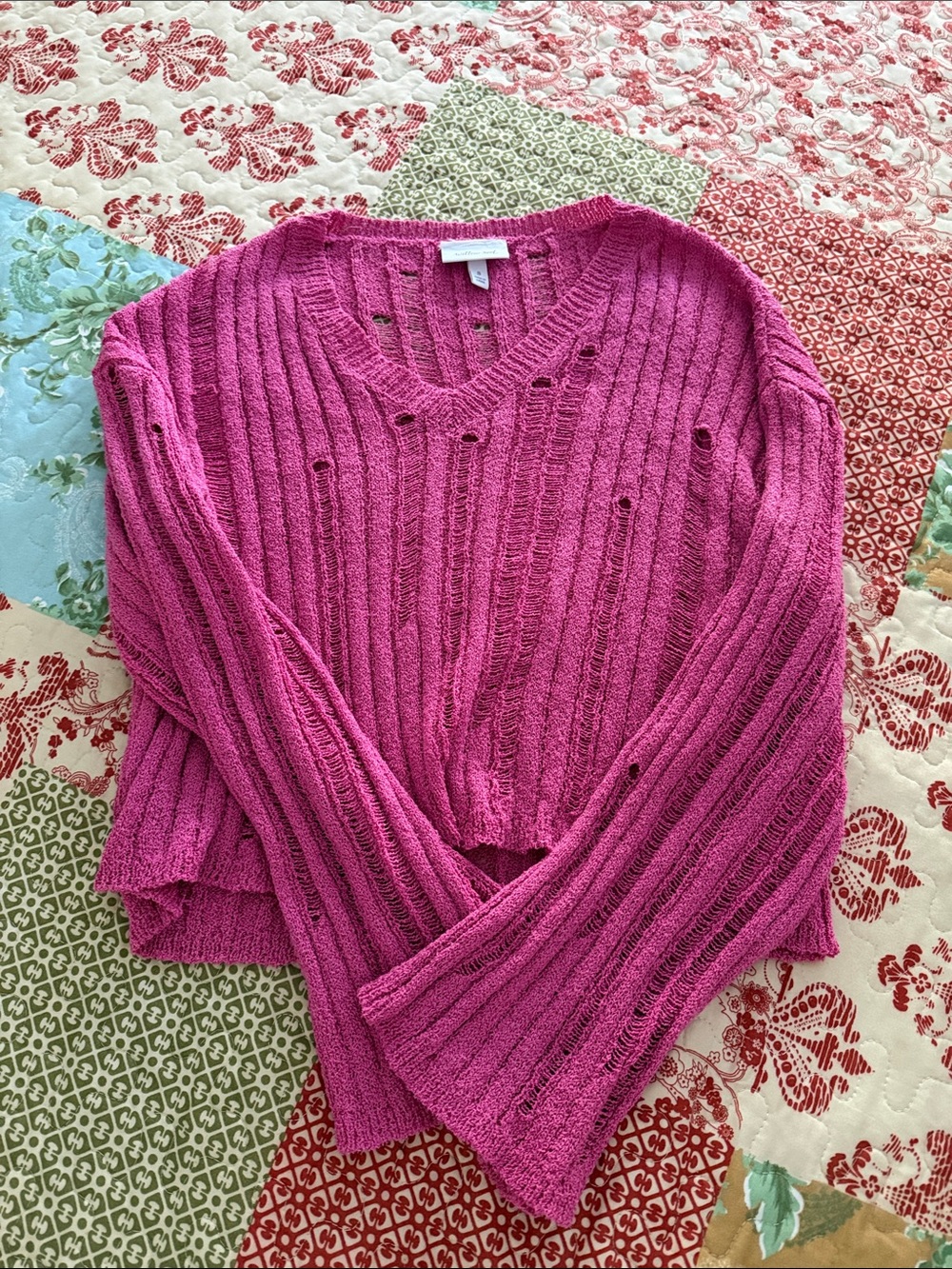 Womens Pink Distressed Ribbed V-Neck Sweater